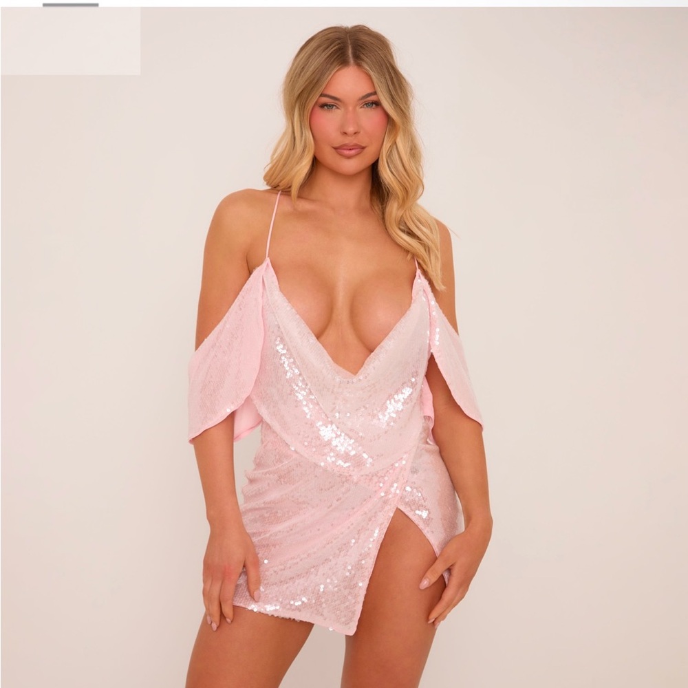 Sequin pink cowl neck dress with split